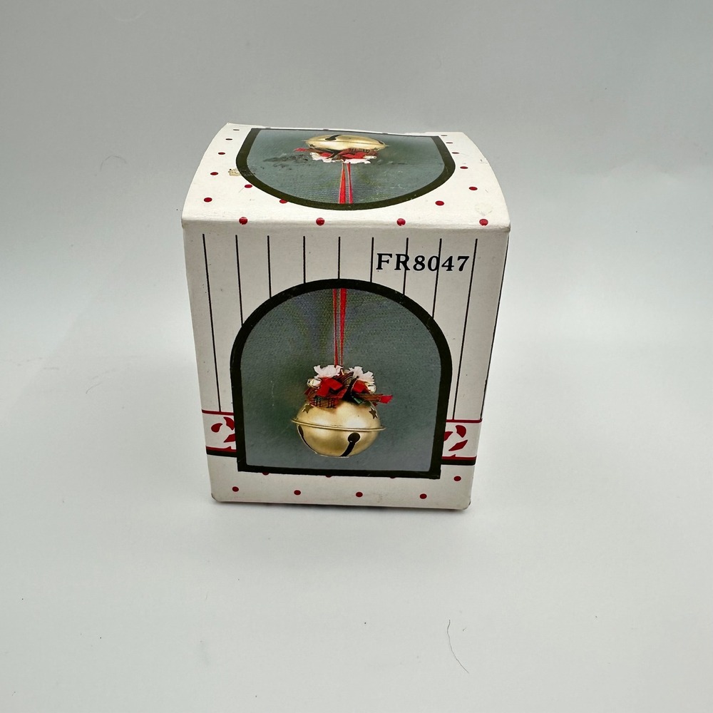 Vintage 1988 Wangs International Brass Jingle Bell Ornament Plaid Floral FR8047